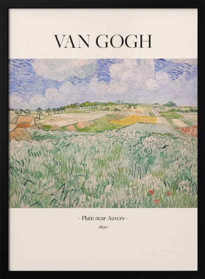 A framed art poster of Vincent van Gogh's painting, 'Plain near Auvers' from 1890. The impressionist landscape shows a vast green field in the foreground, with patchwork fields in the distance under a blue and white cloudy sky. The artist's name is printed in black serif font at the top, with the title and year at the bottom, all on a cream-colored background. Wall Art