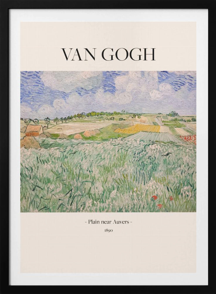 A framed art poster of Vincent van Gogh's painting, 'Plain near Auvers' from 1890. The impressionist landscape shows a vast green field in the foreground, with patchwork fields in the distance under a blue and white cloudy sky. The artist's name is printed in black serif font at the top, with the title and year at the bottom, all on a cream-colored background. Wall Art