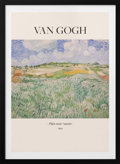 A framed art poster of Vincent van Gogh's painting, 'Plain near Auvers' from 1890. The impressionist landscape shows a vast green field in the foreground, with patchwork fields in the distance under a blue and white cloudy sky. The artist's name is printed in black serif font at the top, with the title and year at the bottom, all on a cream-colored background. Wall Art