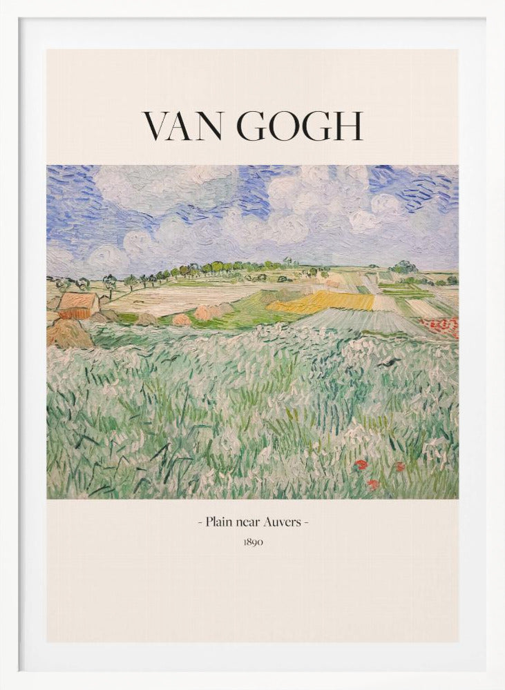 A framed art poster of Vincent van Gogh's painting, 'Plain near Auvers' from 1890. The impressionist landscape shows a vast green field in the foreground, with patchwork fields in the distance under a blue and white cloudy sky. The artist's name is printed in black serif font at the top, with the title and year at the bottom, all on a cream-colored background. Wall Art