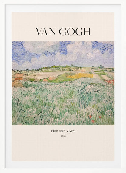 A framed art poster of Vincent van Gogh's painting, 'Plain near Auvers' from 1890. The impressionist landscape shows a vast green field in the foreground, with patchwork fields in the distance under a blue and white cloudy sky. The artist's name is printed in black serif font at the top, with the title and year at the bottom, all on a cream-colored background. Wall Art