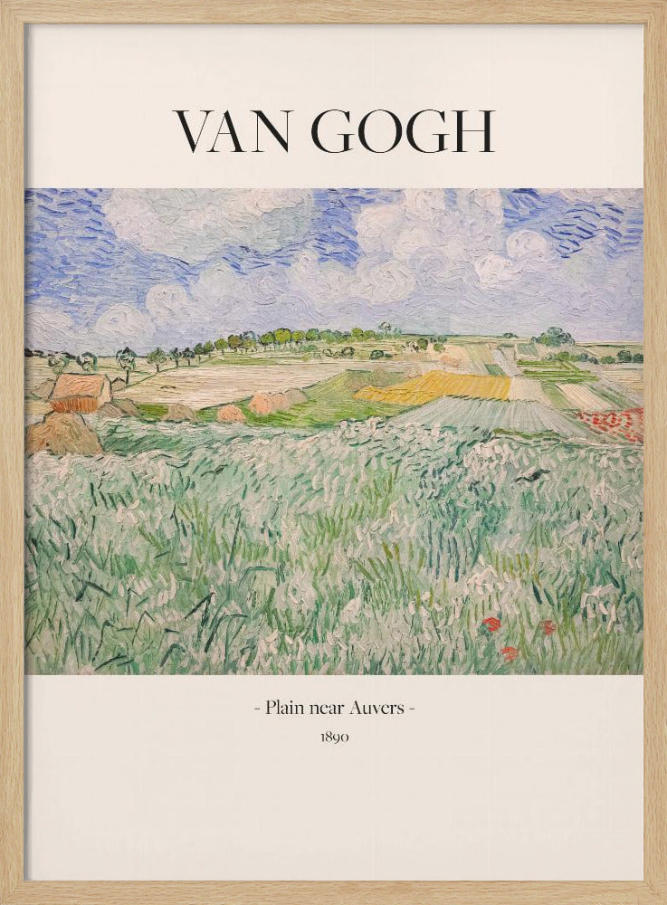 A framed art poster of Vincent van Gogh's painting, 'Plain near Auvers' from 1890. The impressionist landscape shows a vast green field in the foreground, with patchwork fields in the distance under a blue and white cloudy sky. The artist's name is printed in black serif font at the top, with the title and year at the bottom, all on a cream-colored background. Wall Art