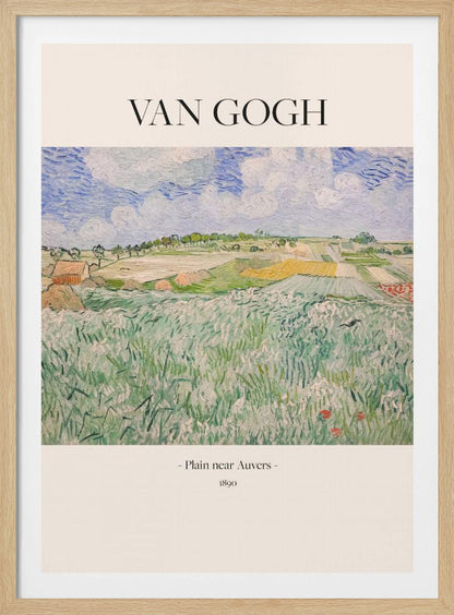 A framed art poster of Vincent van Gogh's painting, 'Plain near Auvers' from 1890. The impressionist landscape shows a vast green field in the foreground, with patchwork fields in the distance under a blue and white cloudy sky. The artist's name is printed in black serif font at the top, with the title and year at the bottom, all on a cream-colored background. Wall Art