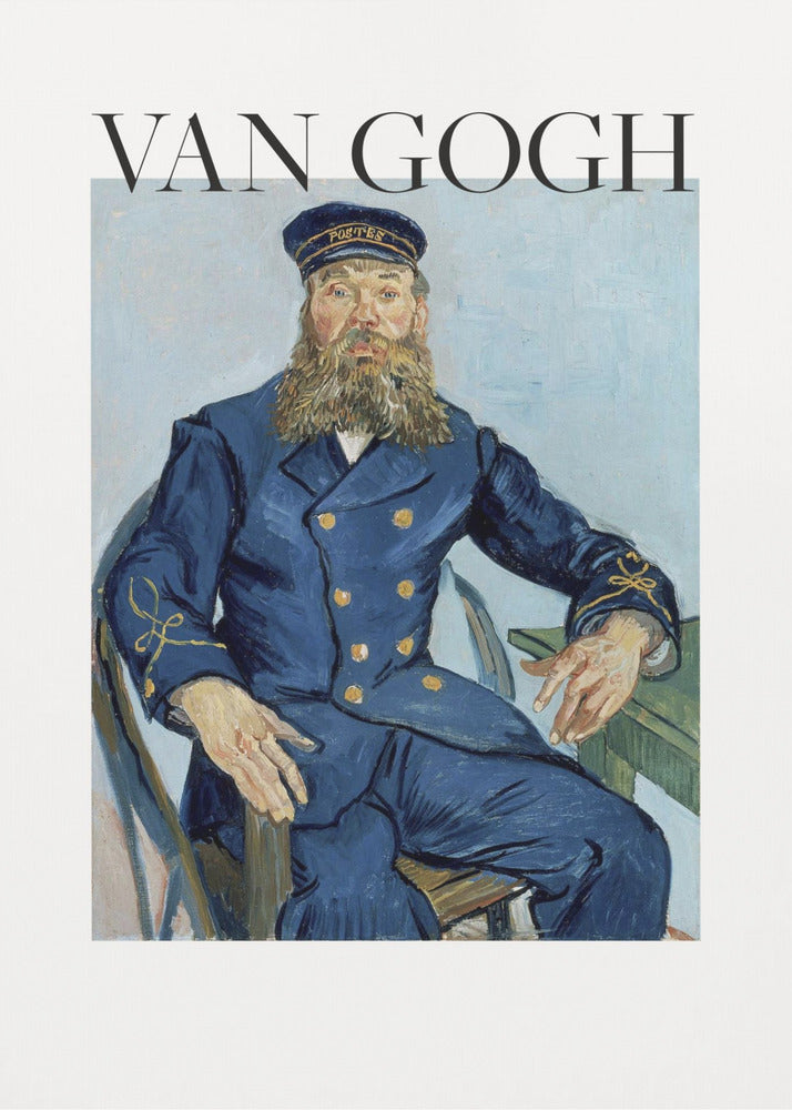 A framed art print of Vincent van Gogh's painting 'Portrait of the Postman Joseph Roulin'. The poster features the painting of a bearded man in a blue uniform, with the text 'VAN GOGH' in large black letters above it, all set against a white background and enclosed in a black frame. Print