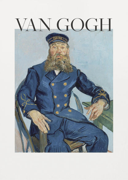 A framed art print of Vincent van Gogh's painting 'Portrait of the Postman Joseph Roulin'. The poster features the painting of a bearded man in a blue uniform, with the text 'VAN GOGH' in large black letters above it, all set against a white background and enclosed in a black frame. Print