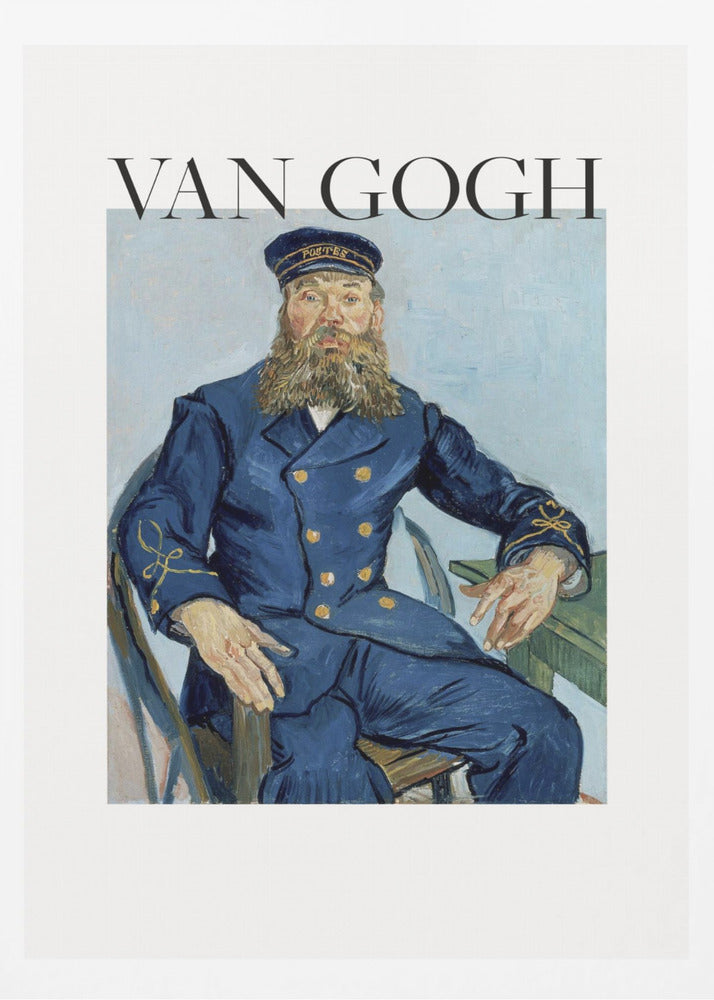 A framed art print of Vincent van Gogh's painting 'Portrait of the Postman Joseph Roulin'. The poster features the painting of a bearded man in a blue uniform, with the text 'VAN GOGH' in large black letters above it, all set against a white background and enclosed in a black frame. Print