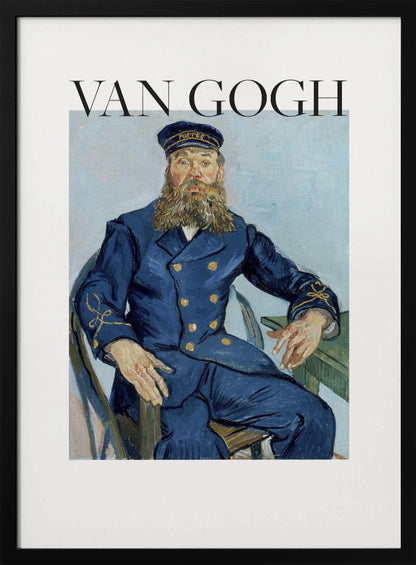A framed art print of Vincent van Gogh's painting 'Portrait of the Postman Joseph Roulin'. The poster features the painting of a bearded man in a blue uniform, with the text 'VAN GOGH' in large black letters above it, all set against a white background and enclosed in a black frame. Print