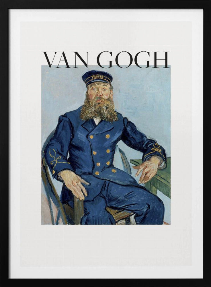 A framed art print of Vincent van Gogh's painting 'Portrait of the Postman Joseph Roulin'. The poster features the painting of a bearded man in a blue uniform, with the text 'VAN GOGH' in large black letters above it, all set against a white background and enclosed in a black frame. Print