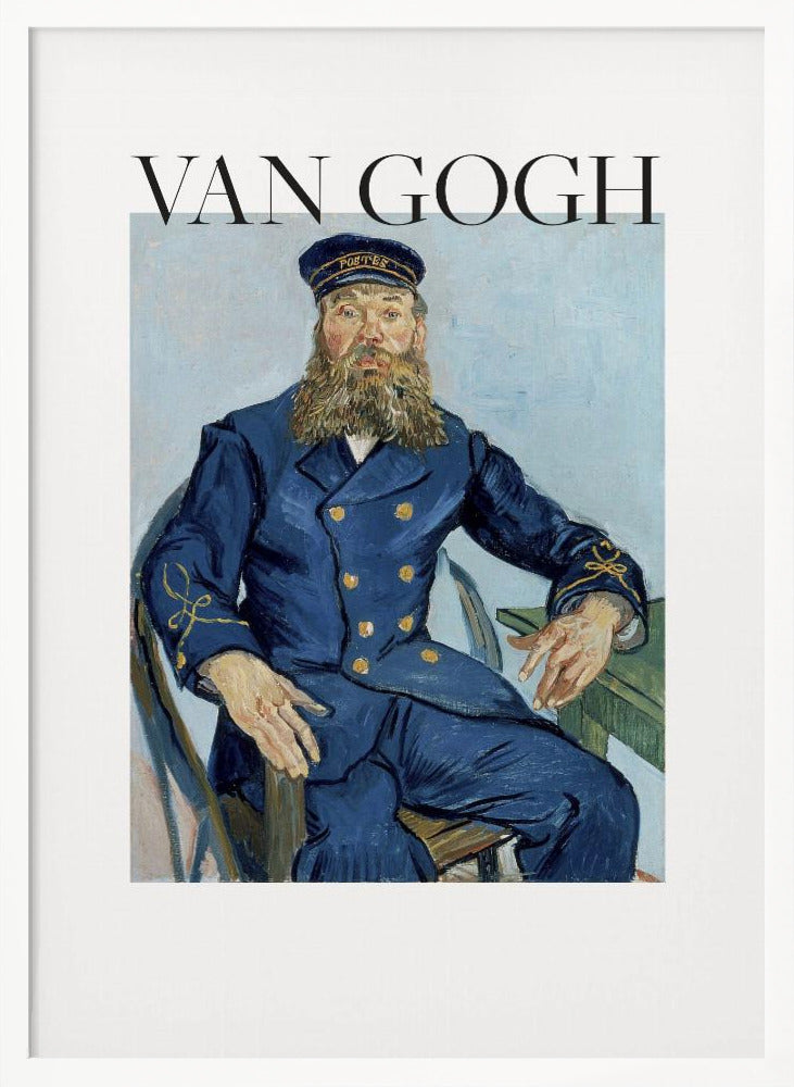 A framed art print of Vincent van Gogh's painting 'Portrait of the Postman Joseph Roulin'. The poster features the painting of a bearded man in a blue uniform, with the text 'VAN GOGH' in large black letters above it, all set against a white background and enclosed in a black frame. Print