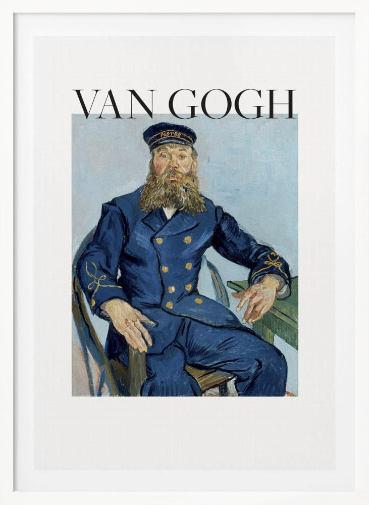 A framed art print of Vincent van Gogh's painting 'Portrait of the Postman Joseph Roulin'. The poster features the painting of a bearded man in a blue uniform, with the text 'VAN GOGH' in large black letters above it, all set against a white background and enclosed in a black frame. Print