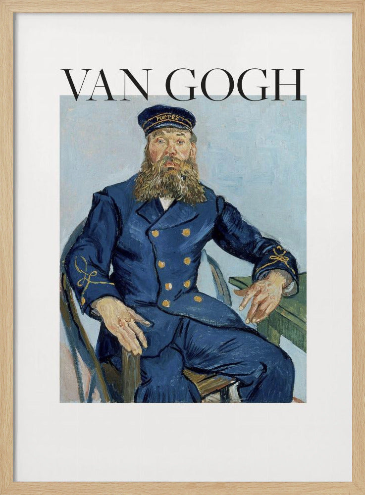 A framed art print of Vincent van Gogh's painting 'Portrait of the Postman Joseph Roulin'. The poster features the painting of a bearded man in a blue uniform, with the text 'VAN GOGH' in large black letters above it, all set against a white background and enclosed in a black frame. Print