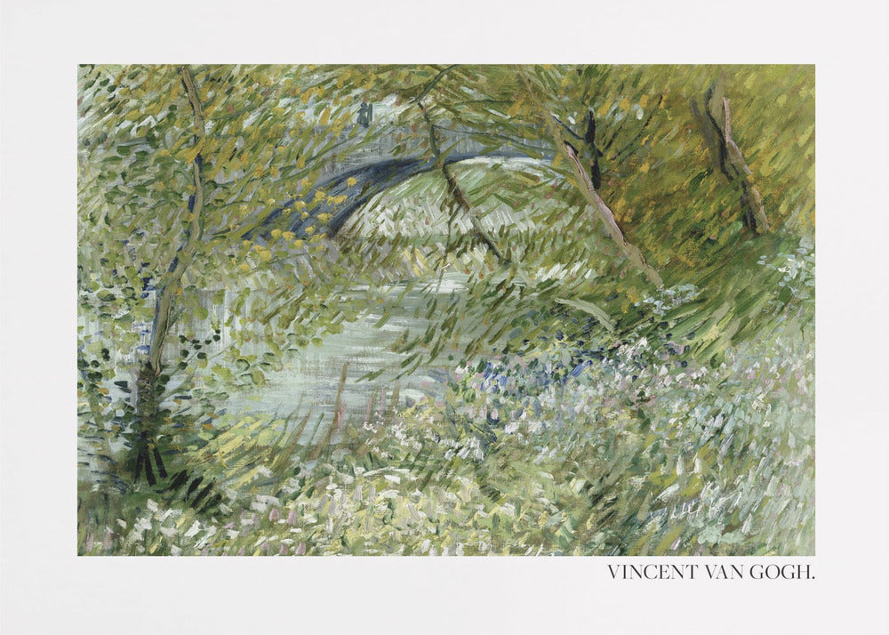A framed impressionist painting by Vincent van Gogh of a lush green landscape. A river runs through the center, with a dark arched bridge visible in the background through the trees. The foreground is filled with green foliage and white and blue wildflowers, all rendered in thick, expressive brushstrokes. Decor