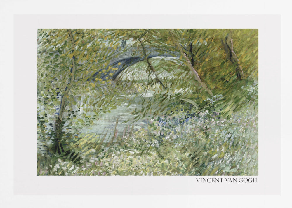 A framed impressionist painting by Vincent van Gogh of a lush green landscape. A river runs through the center, with a dark arched bridge visible in the background through the trees. The foreground is filled with green foliage and white and blue wildflowers, all rendered in thick, expressive brushstrokes. Decor