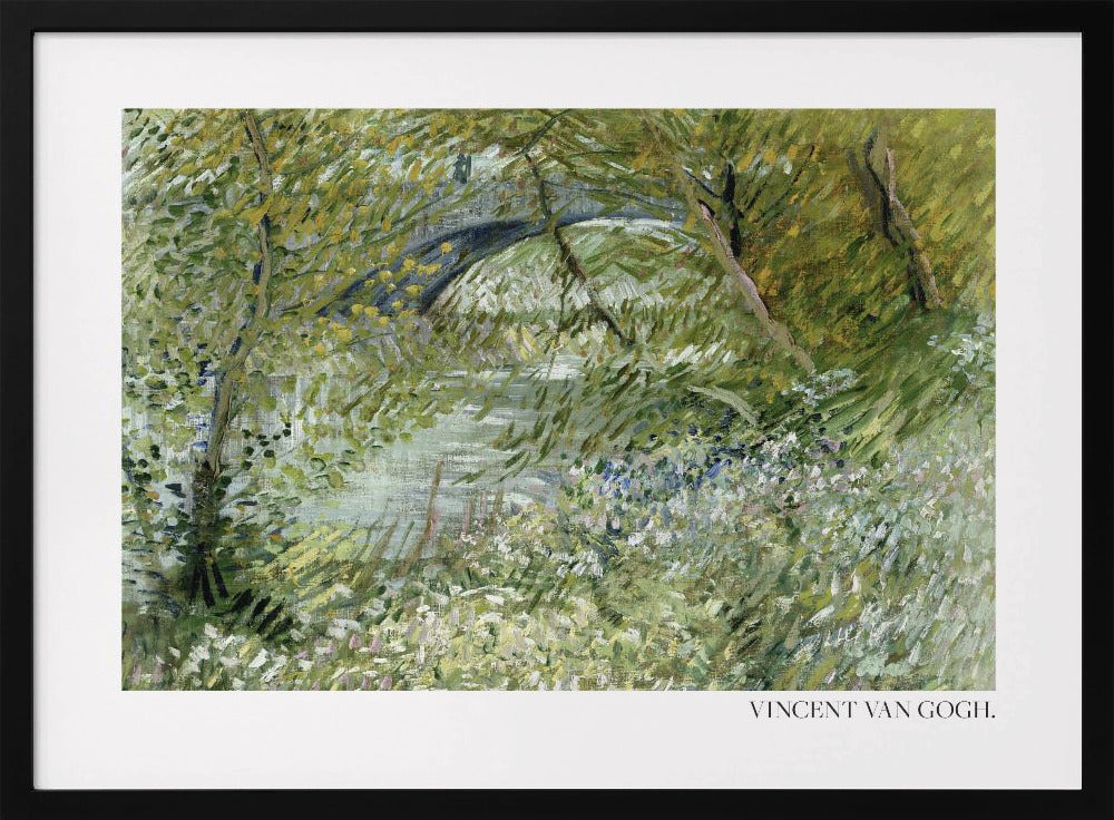 A framed impressionist painting by Vincent van Gogh of a lush green landscape. A river runs through the center, with a dark arched bridge visible in the background through the trees. The foreground is filled with green foliage and white and blue wildflowers, all rendered in thick, expressive brushstrokes. Decor