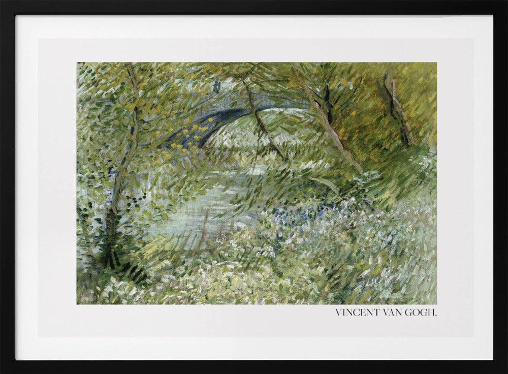A framed impressionist painting by Vincent van Gogh of a lush green landscape. A river runs through the center, with a dark arched bridge visible in the background through the trees. The foreground is filled with green foliage and white and blue wildflowers, all rendered in thick, expressive brushstrokes. Decor