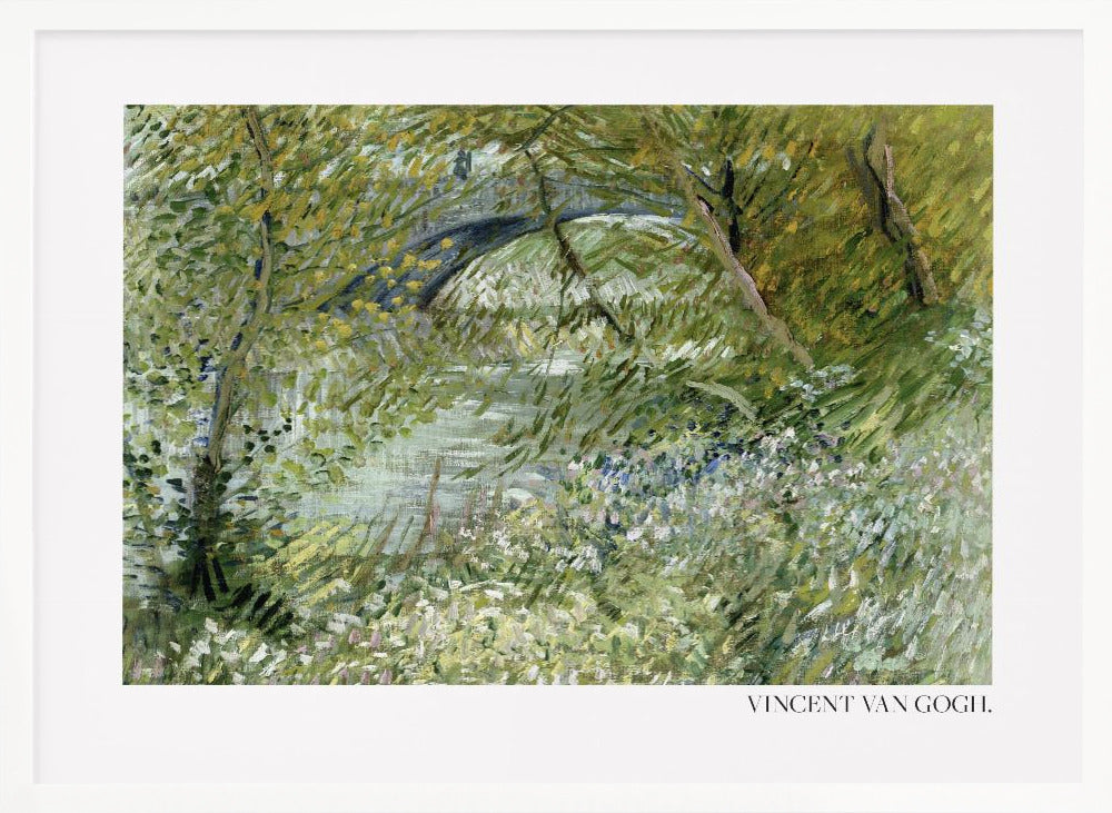 A framed impressionist painting by Vincent van Gogh of a lush green landscape. A river runs through the center, with a dark arched bridge visible in the background through the trees. The foreground is filled with green foliage and white and blue wildflowers, all rendered in thick, expressive brushstrokes. Decor