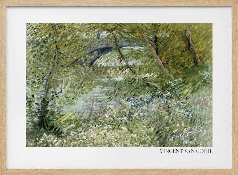 A framed impressionist painting by Vincent van Gogh of a lush green landscape. A river runs through the center, with a dark arched bridge visible in the background through the trees. The foreground is filled with green foliage and white and blue wildflowers, all rendered in thick, expressive brushstrokes. Decor