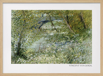 A framed impressionist painting by Vincent van Gogh of a lush green landscape. A river runs through the center, with a dark arched bridge visible in the background through the trees. The foreground is filled with green foliage and white and blue wildflowers, all rendered in thick, expressive brushstrokes. Decor