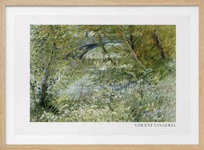 A framed impressionist painting by Vincent van Gogh of a lush green landscape. A river runs through the center, with a dark arched bridge visible in the background through the trees. The foreground is filled with green foliage and white and blue wildflowers, all rendered in thick, expressive brushstrokes. Decor