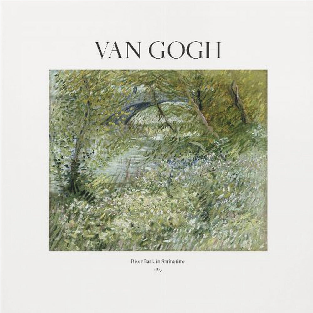A framed art print of Vincent van Gogh's painting 'River Bank in Springtime'. The impressionist artwork depicts a lush green riverside scene with white flowers and a distant bridge, framed in light wood with a white mat. Wall Art