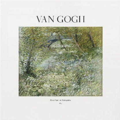 A framed art print of Vincent van Gogh's painting 'River Bank in Springtime'. The impressionist artwork depicts a lush green riverside scene with white flowers and a distant bridge, framed in light wood with a white mat. Wall Art