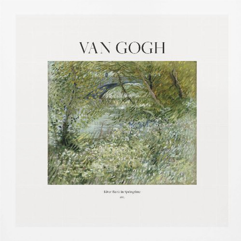 A framed art print of Vincent van Gogh's painting 'River Bank in Springtime'. The impressionist artwork depicts a lush green riverside scene with white flowers and a distant bridge, framed in light wood with a white mat. Wall Art