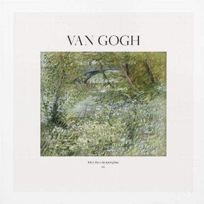 A framed art print of Vincent van Gogh's painting 'River Bank in Springtime'. The impressionist artwork depicts a lush green riverside scene with white flowers and a distant bridge, framed in light wood with a white mat. Wall Art