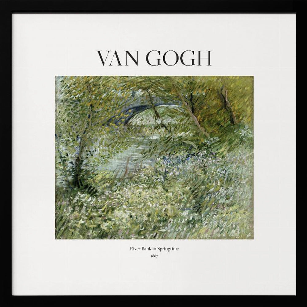 A framed art print of Vincent van Gogh's painting 'River Bank in Springtime'. The impressionist artwork depicts a lush green riverside scene with white flowers and a distant bridge, framed in light wood with a white mat. Wall Art