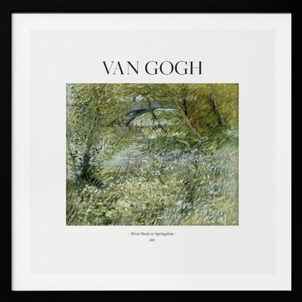 A framed art print of Vincent van Gogh's painting 'River Bank in Springtime'. The impressionist artwork depicts a lush green riverside scene with white flowers and a distant bridge, framed in light wood with a white mat. Wall Art