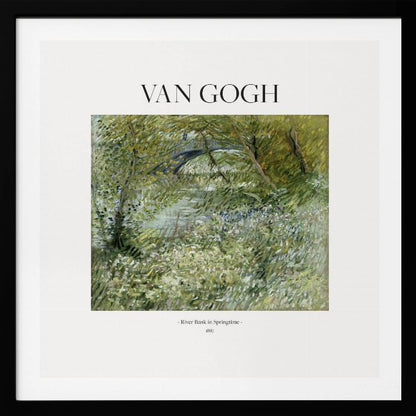 A framed art print of Vincent van Gogh's painting 'River Bank in Springtime'. The impressionist artwork depicts a lush green riverside scene with white flowers and a distant bridge, framed in light wood with a white mat. Wall Art