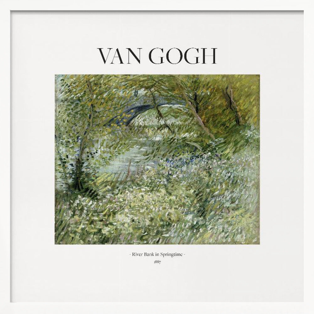A framed art print of Vincent van Gogh's painting 'River Bank in Springtime'. The impressionist artwork depicts a lush green riverside scene with white flowers and a distant bridge, framed in light wood with a white mat. Wall Art