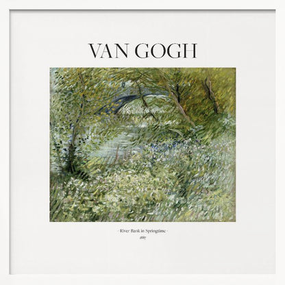 A framed art print of Vincent van Gogh's painting 'River Bank in Springtime'. The impressionist artwork depicts a lush green riverside scene with white flowers and a distant bridge, framed in light wood with a white mat. Wall Art