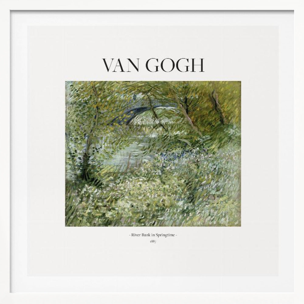 A framed art print of Vincent van Gogh's painting 'River Bank in Springtime'. The impressionist artwork depicts a lush green riverside scene with white flowers and a distant bridge, framed in light wood with a white mat. Wall Art