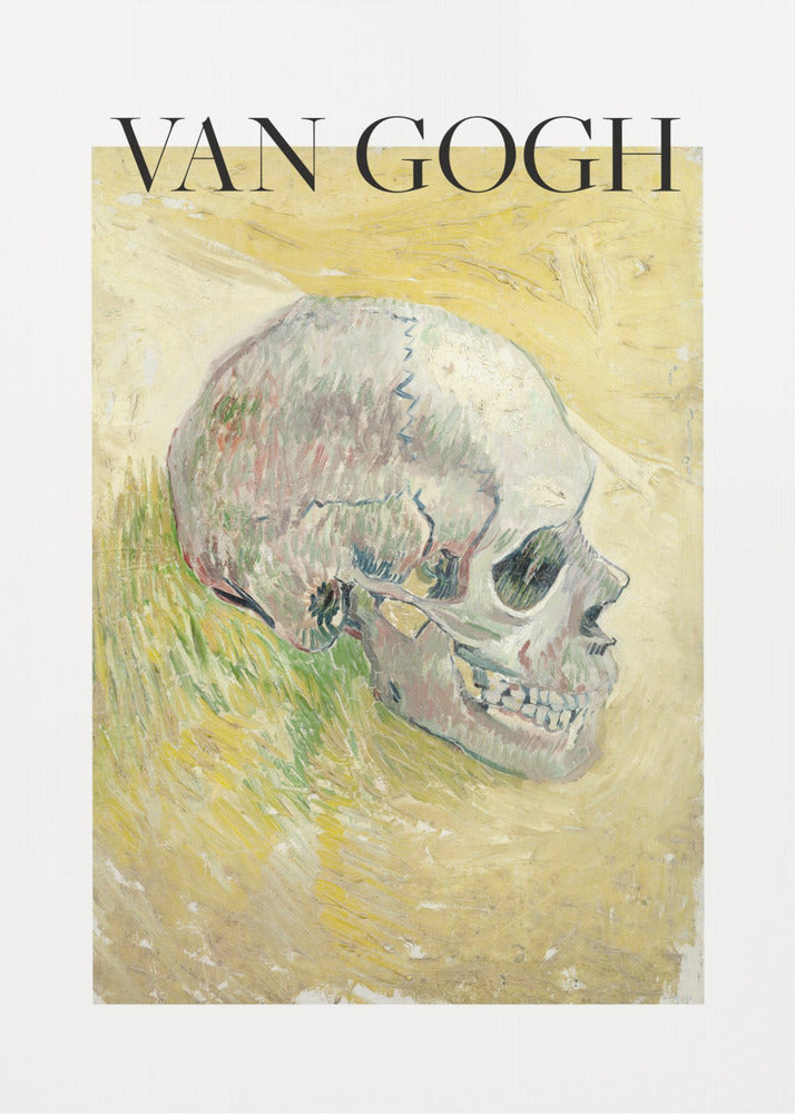 A framed poster featuring Vincent van Gogh's painting of a human skull. The skull is depicted in profile against a painterly yellow and green background. The artist's name 'VAN GOGH' is printed in large black letters above the artwork. Wall Art