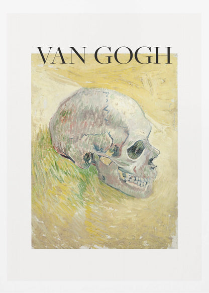 A framed poster featuring Vincent van Gogh's painting of a human skull. The skull is depicted in profile against a painterly yellow and green background. The artist's name 'VAN GOGH' is printed in large black letters above the artwork. Wall Art