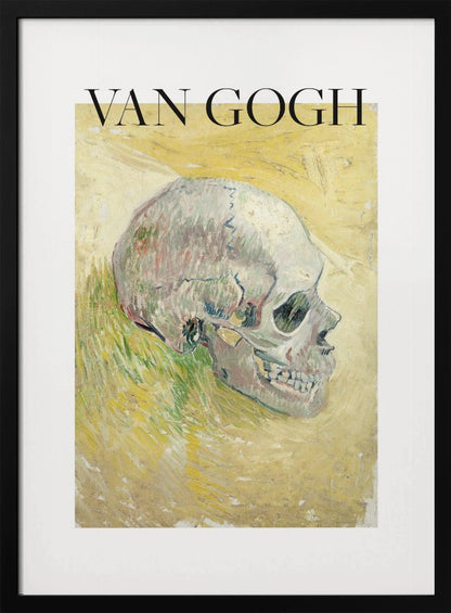 A framed poster featuring Vincent van Gogh's painting of a human skull. The skull is depicted in profile against a painterly yellow and green background. The artist's name 'VAN GOGH' is printed in large black letters above the artwork. Wall Art