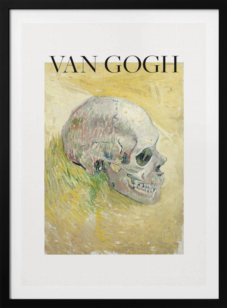 A framed poster featuring Vincent van Gogh's painting of a human skull. The skull is depicted in profile against a painterly yellow and green background. The artist's name 'VAN GOGH' is printed in large black letters above the artwork. Wall Art