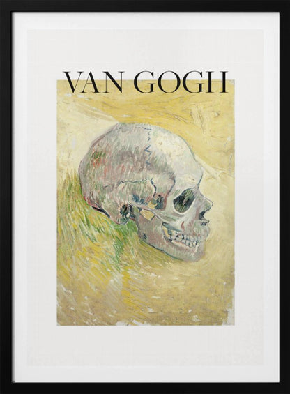 A framed poster featuring Vincent van Gogh's painting of a human skull. The skull is depicted in profile against a painterly yellow and green background. The artist's name 'VAN GOGH' is printed in large black letters above the artwork. Wall Art