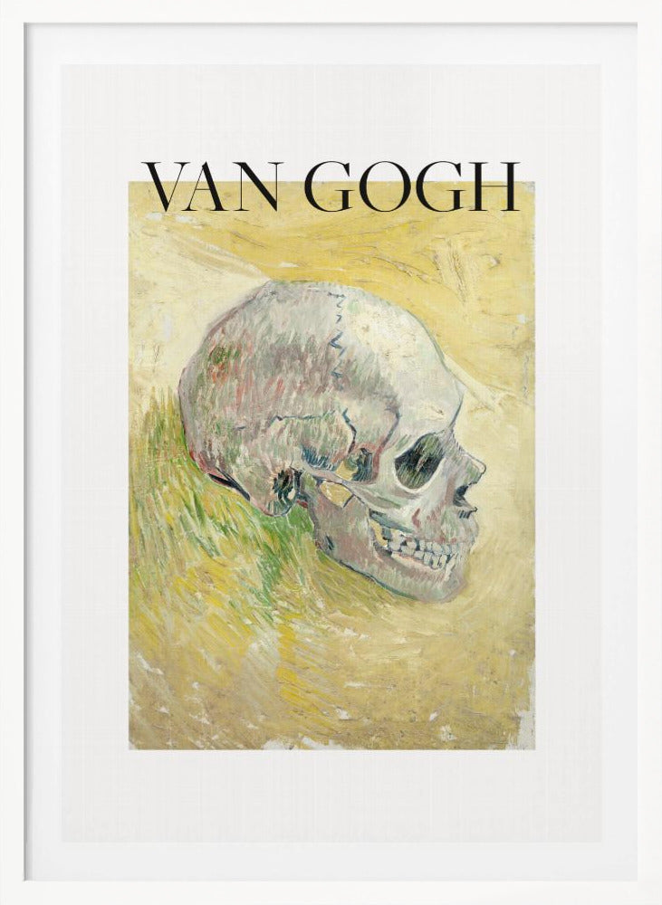 A framed poster featuring Vincent van Gogh's painting of a human skull. The skull is depicted in profile against a painterly yellow and green background. The artist's name 'VAN GOGH' is printed in large black letters above the artwork. Wall Art