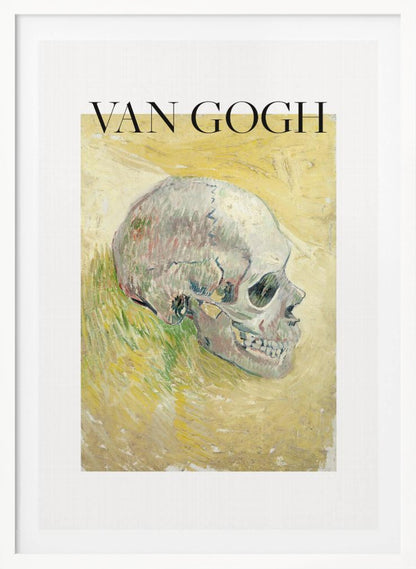 A framed poster featuring Vincent van Gogh's painting of a human skull. The skull is depicted in profile against a painterly yellow and green background. The artist's name 'VAN GOGH' is printed in large black letters above the artwork. Wall Art