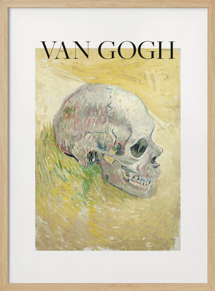A framed poster featuring Vincent van Gogh's painting of a human skull. The skull is depicted in profile against a painterly yellow and green background. The artist's name 'VAN GOGH' is printed in large black letters above the artwork. Wall Art