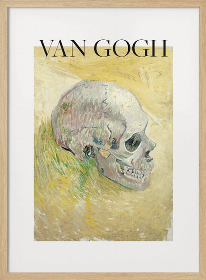 A framed poster featuring Vincent van Gogh's painting of a human skull. The skull is depicted in profile against a painterly yellow and green background. The artist's name 'VAN GOGH' is printed in large black letters above the artwork. Wall Art
