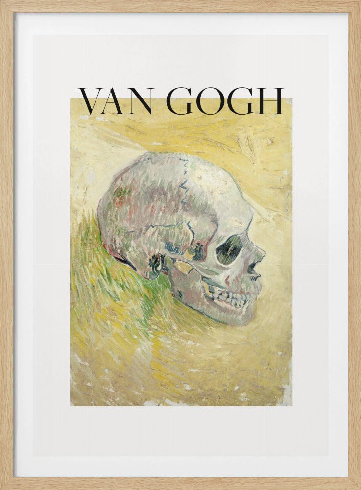 A framed poster featuring Vincent van Gogh's painting of a human skull. The skull is depicted in profile against a painterly yellow and green background. The artist's name 'VAN GOGH' is printed in large black letters above the artwork. Wall Art