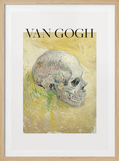 A framed poster featuring Vincent van Gogh's painting of a human skull. The skull is depicted in profile against a painterly yellow and green background. The artist's name 'VAN GOGH' is printed in large black letters above the artwork. Wall Art