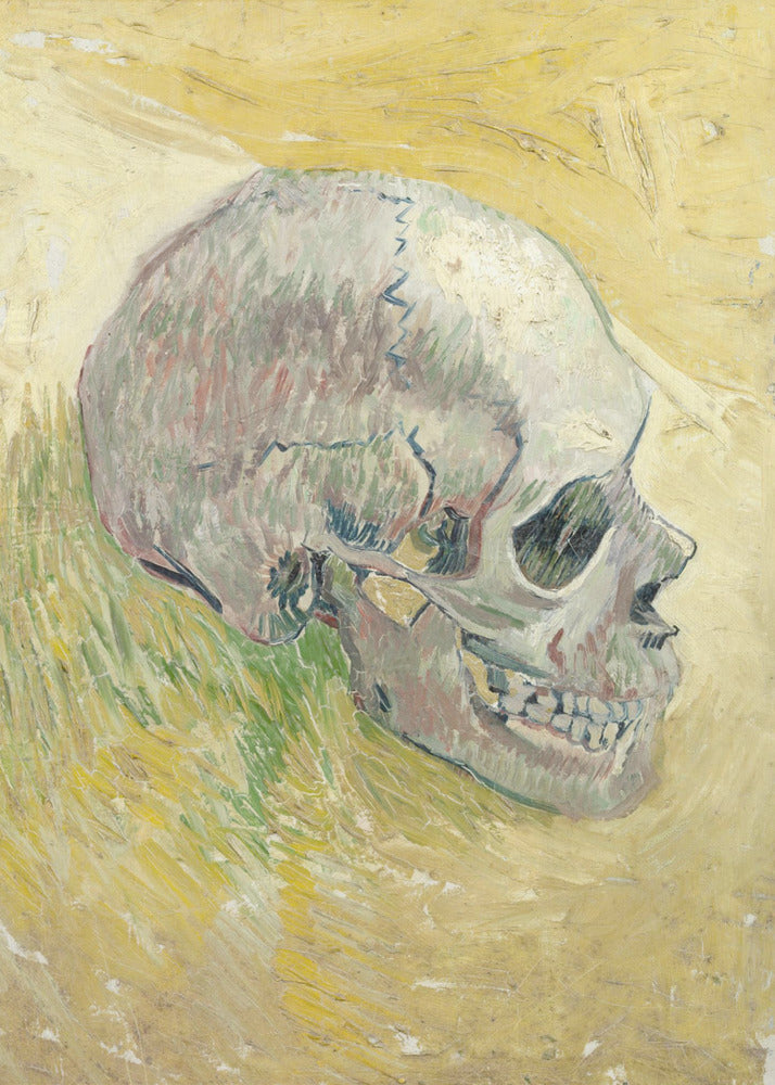 A post-impressionist painting by Vincent van Gogh, 'Skull,' featuring a human skull in profile against a textured, impasto background of swirling yellow and ochre hues. The skull is rendered with shades of white, grey, and hints of green. Print