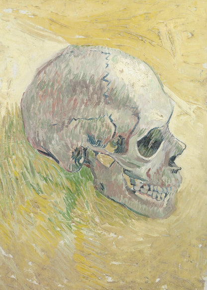 A post-impressionist painting by Vincent van Gogh, 'Skull,' featuring a human skull in profile against a textured, impasto background of swirling yellow and ochre hues. The skull is rendered with shades of white, grey, and hints of green. Print