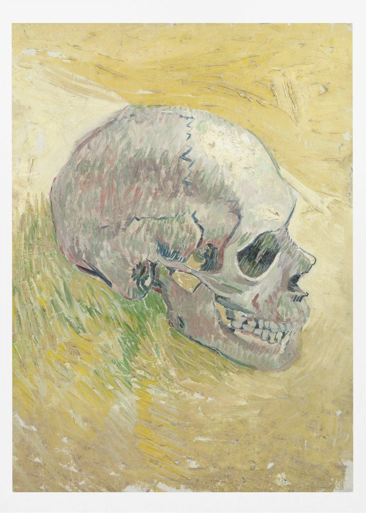 A post-impressionist painting by Vincent van Gogh, 'Skull,' featuring a human skull in profile against a textured, impasto background of swirling yellow and ochre hues. The skull is rendered with shades of white, grey, and hints of green. Print