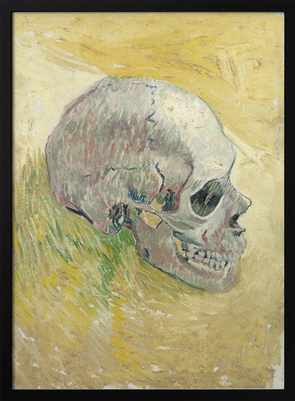 A post-impressionist painting by Vincent van Gogh, 'Skull,' featuring a human skull in profile against a textured, impasto background of swirling yellow and ochre hues. The skull is rendered with shades of white, grey, and hints of green. Print