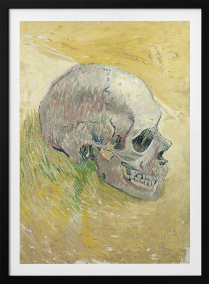 A post-impressionist painting by Vincent van Gogh, 'Skull,' featuring a human skull in profile against a textured, impasto background of swirling yellow and ochre hues. The skull is rendered with shades of white, grey, and hints of green. Print