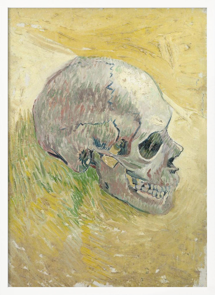 A post-impressionist painting by Vincent van Gogh, 'Skull,' featuring a human skull in profile against a textured, impasto background of swirling yellow and ochre hues. The skull is rendered with shades of white, grey, and hints of green. Print